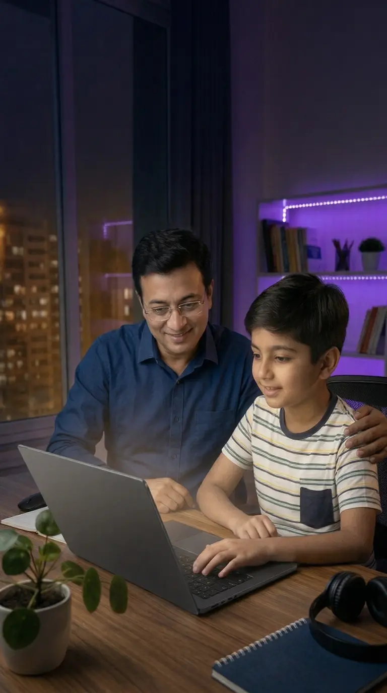 Father and son learning AI together on a laptop